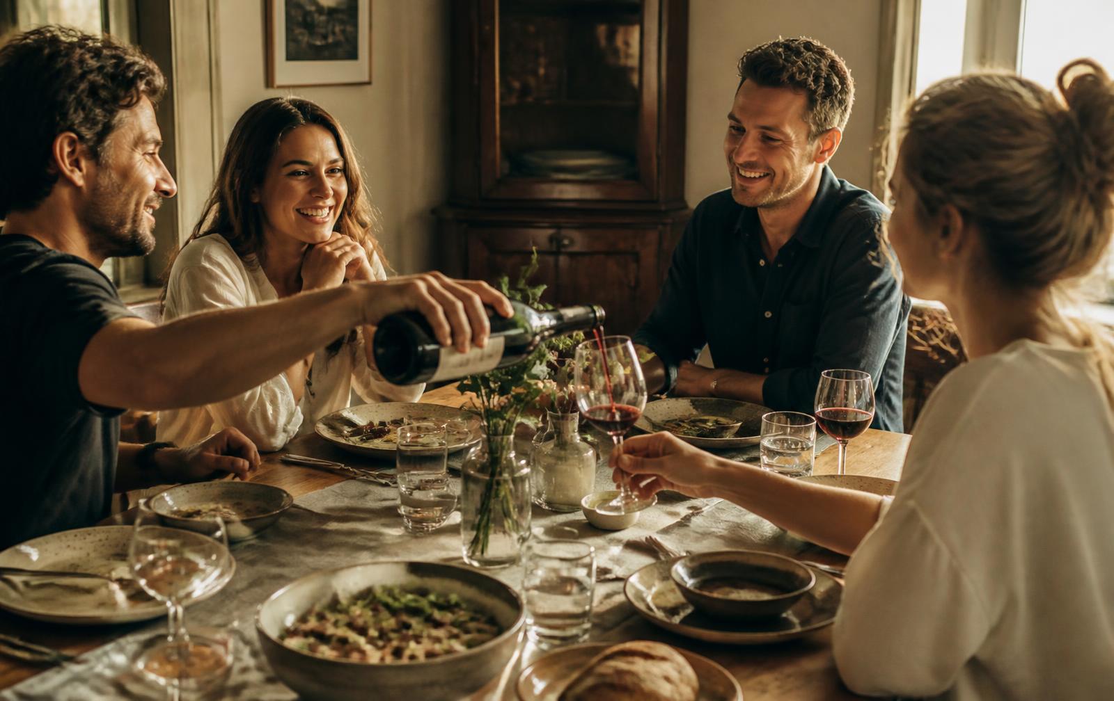Friends around a dinner table pouring wine at golden hour
